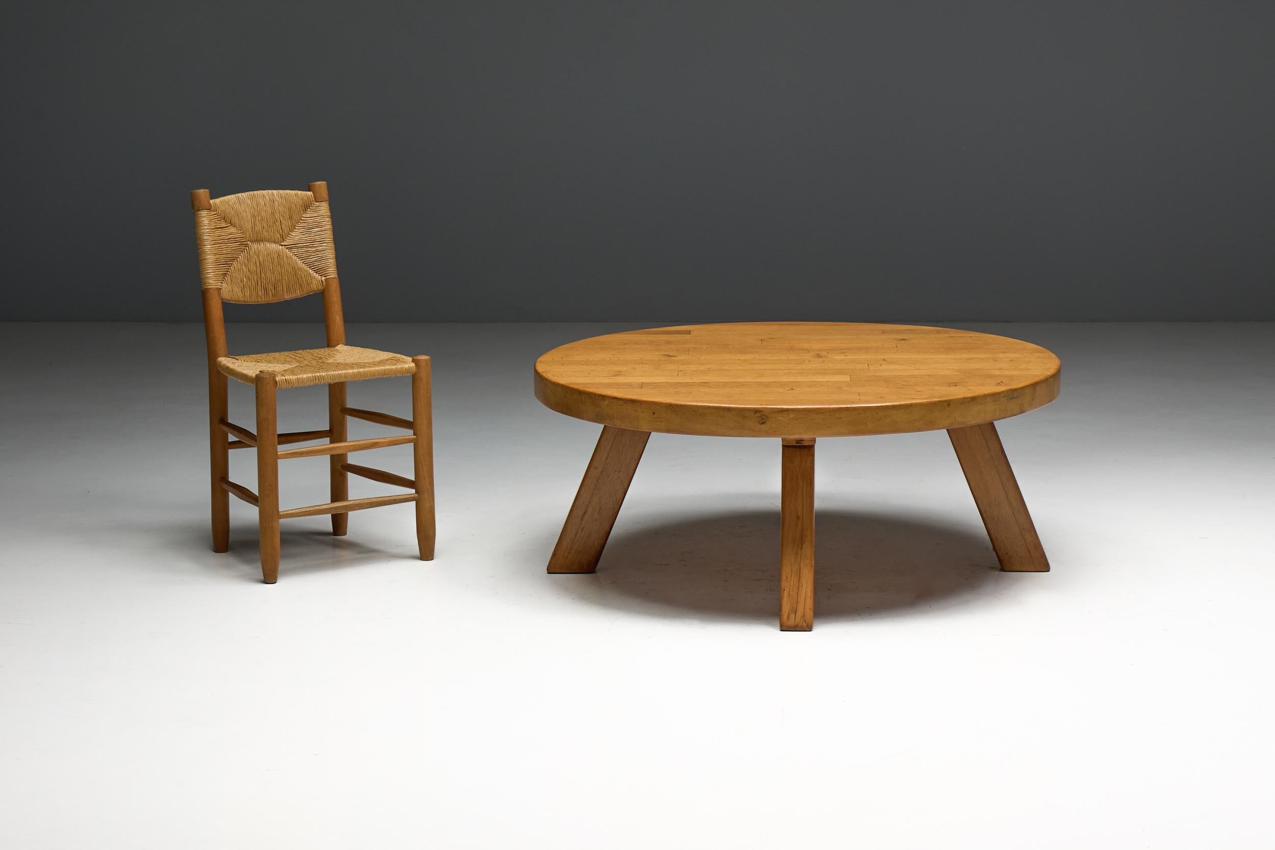 Brutalist Round Coffee Table in Solid Wood, France, 1960s For Sale 5