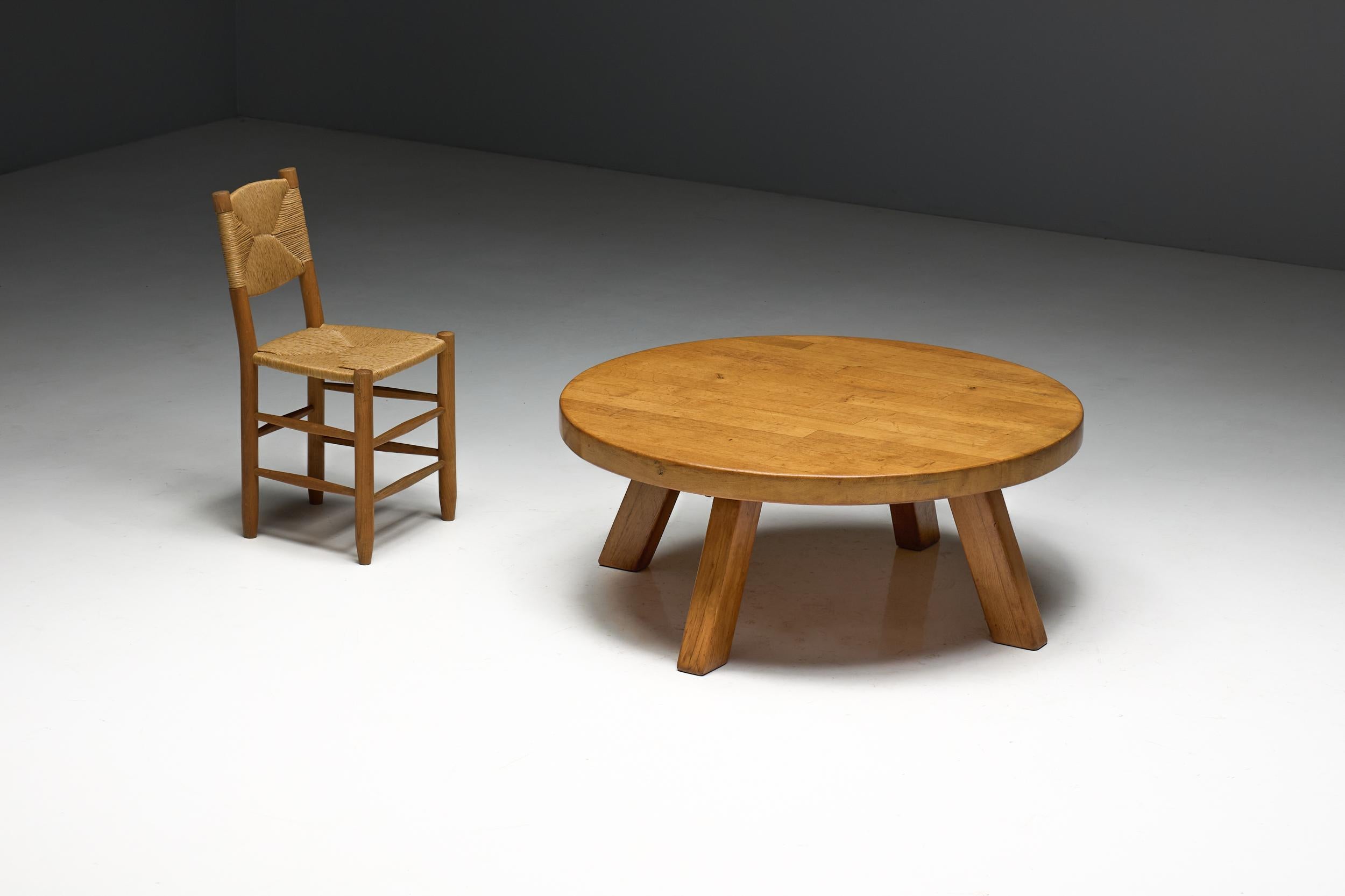 Brutalist Round Coffee Table in Solid Wood, France, 1960s For Sale 9