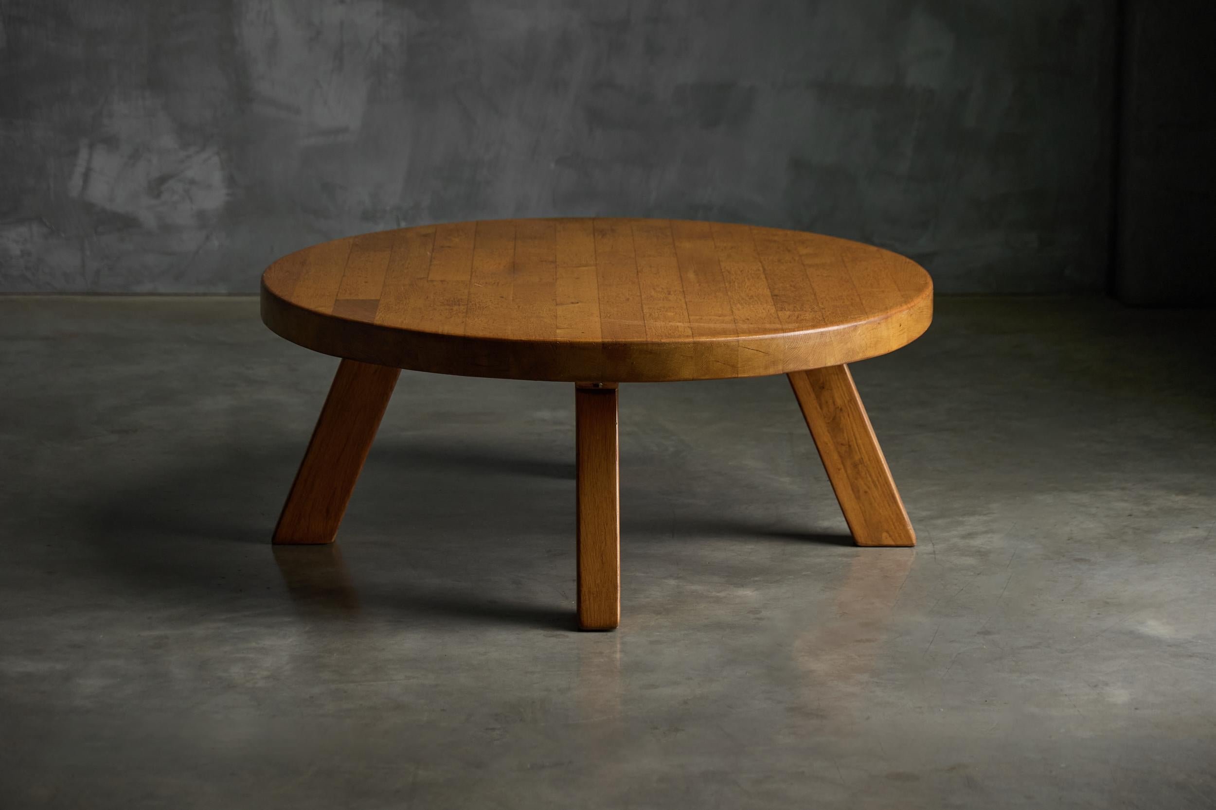 Mid-20th Century Brutalist Round Coffee Table in Solid Wood, France, 1960s For Sale