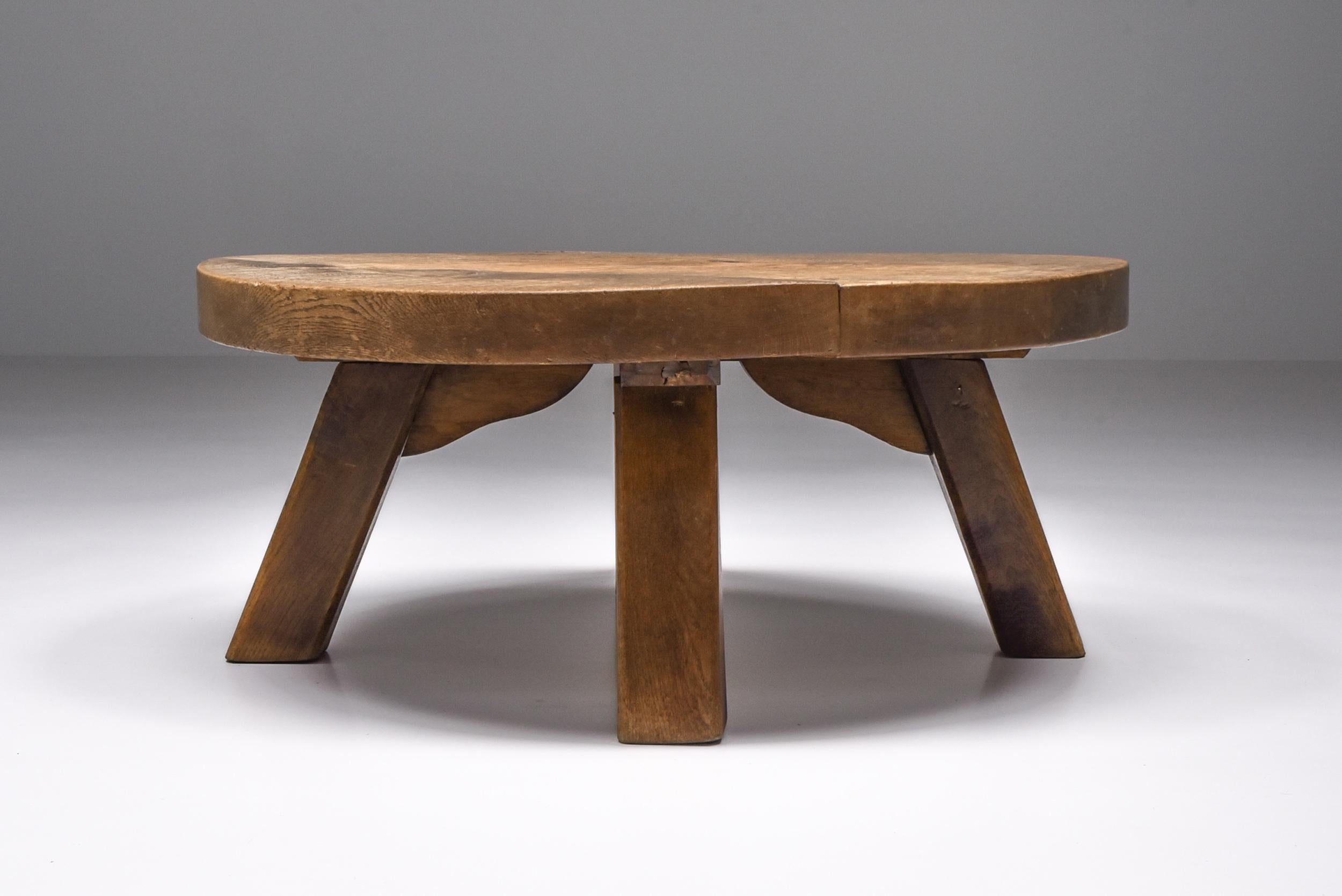 Brutalist round coffee table; mid-century; Axel Vervoordt style; wood; side table; craftsman

Coffee table in round shape, with charismatic patina inspired by the great principles of wabi-sabi. This piece would fit well in an Axel Vervoordt style