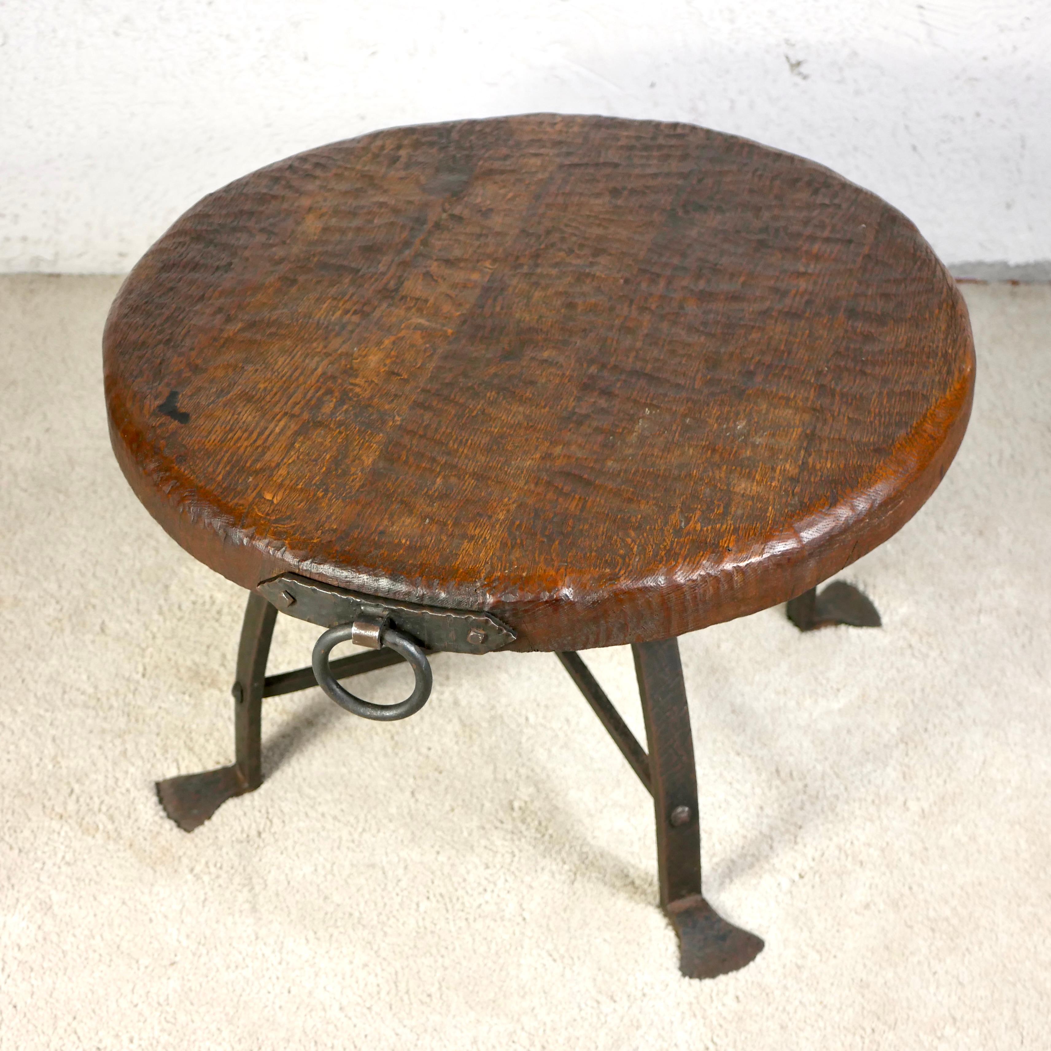 Brutalist round coffee table, wrought iron and solid oak, Belgium, 1950s For Sale 4