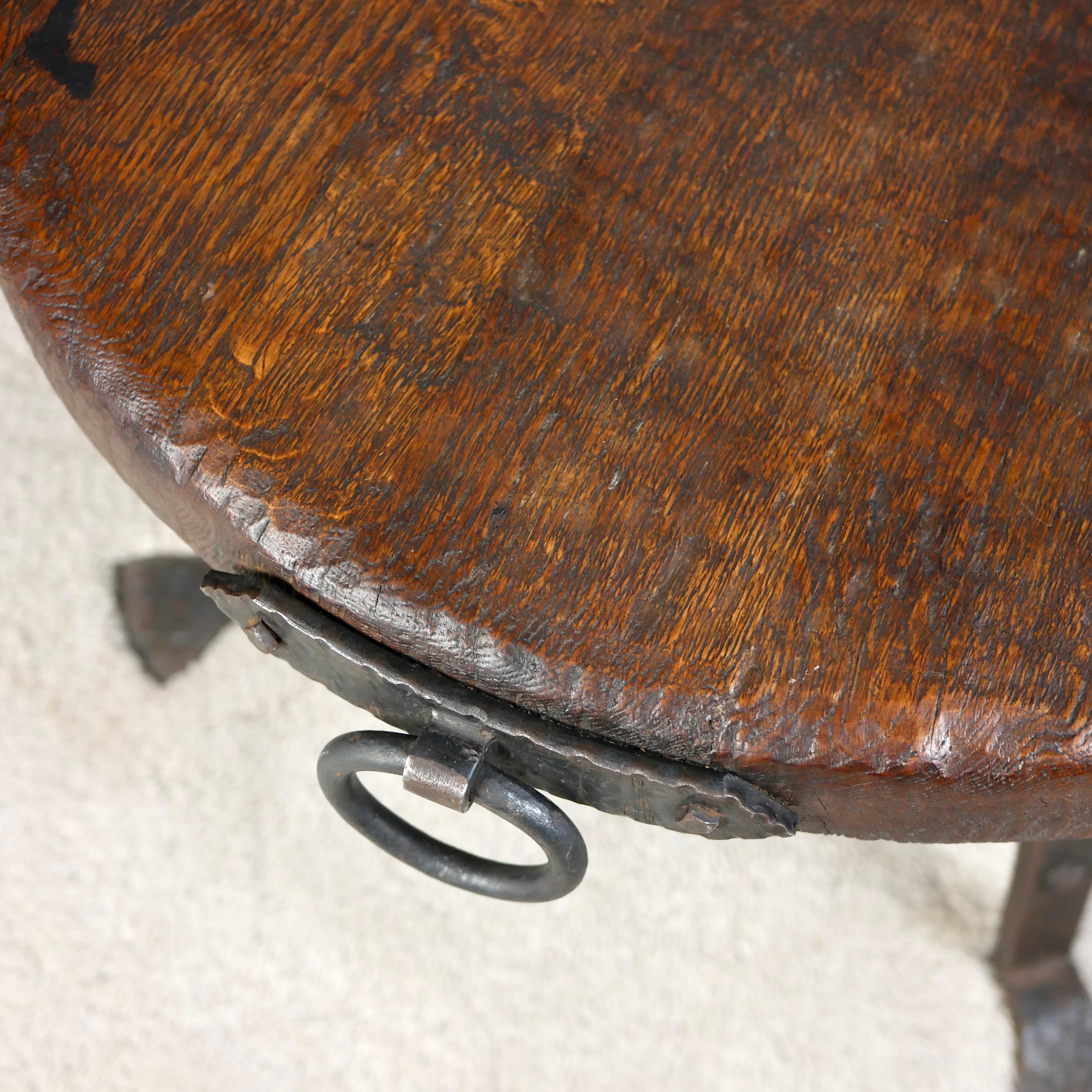 Brutalist round coffee table, wrought iron and solid oak, Belgium, 1950s For Sale 5