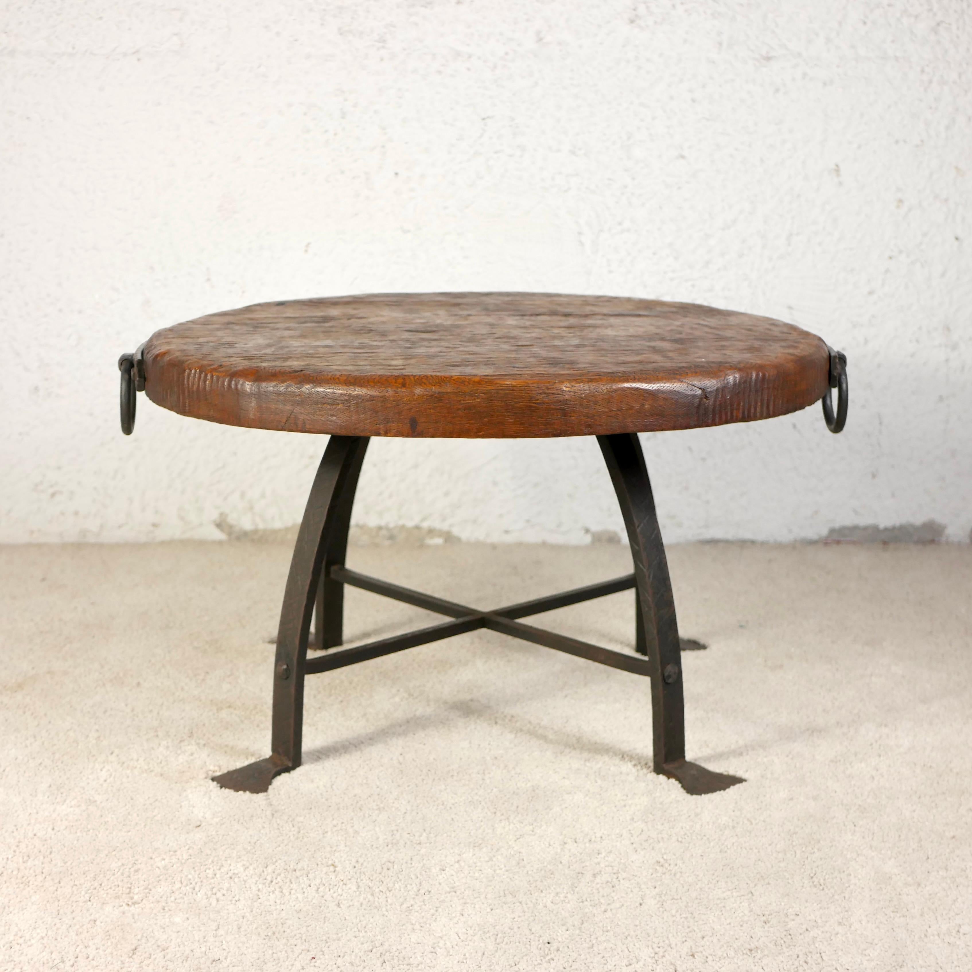 Belgian Brutalist round coffee table, wrought iron and solid oak, Belgium, 1950s For Sale