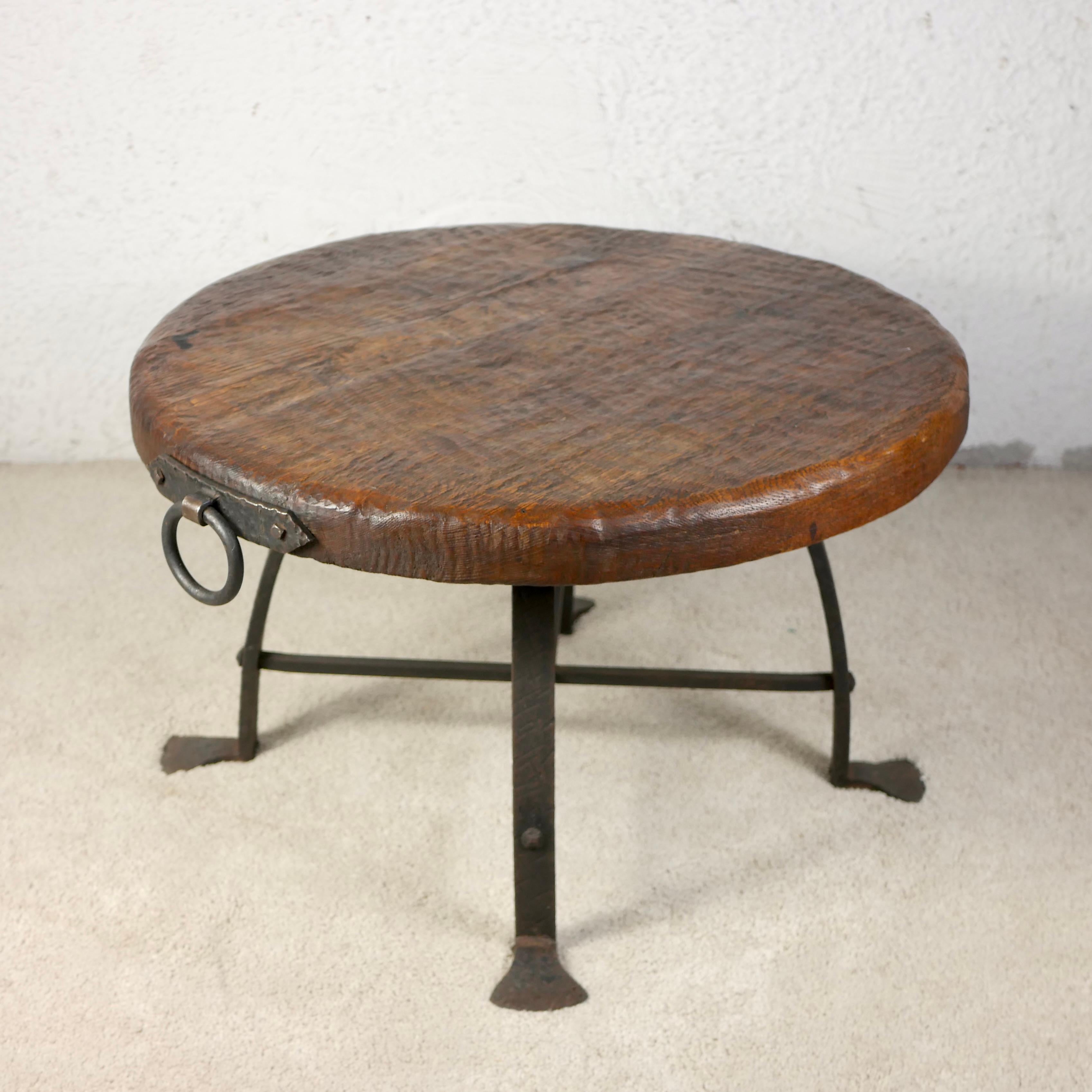 Wrought Iron Brutalist round coffee table, wrought iron and solid oak, Belgium, 1950s For Sale