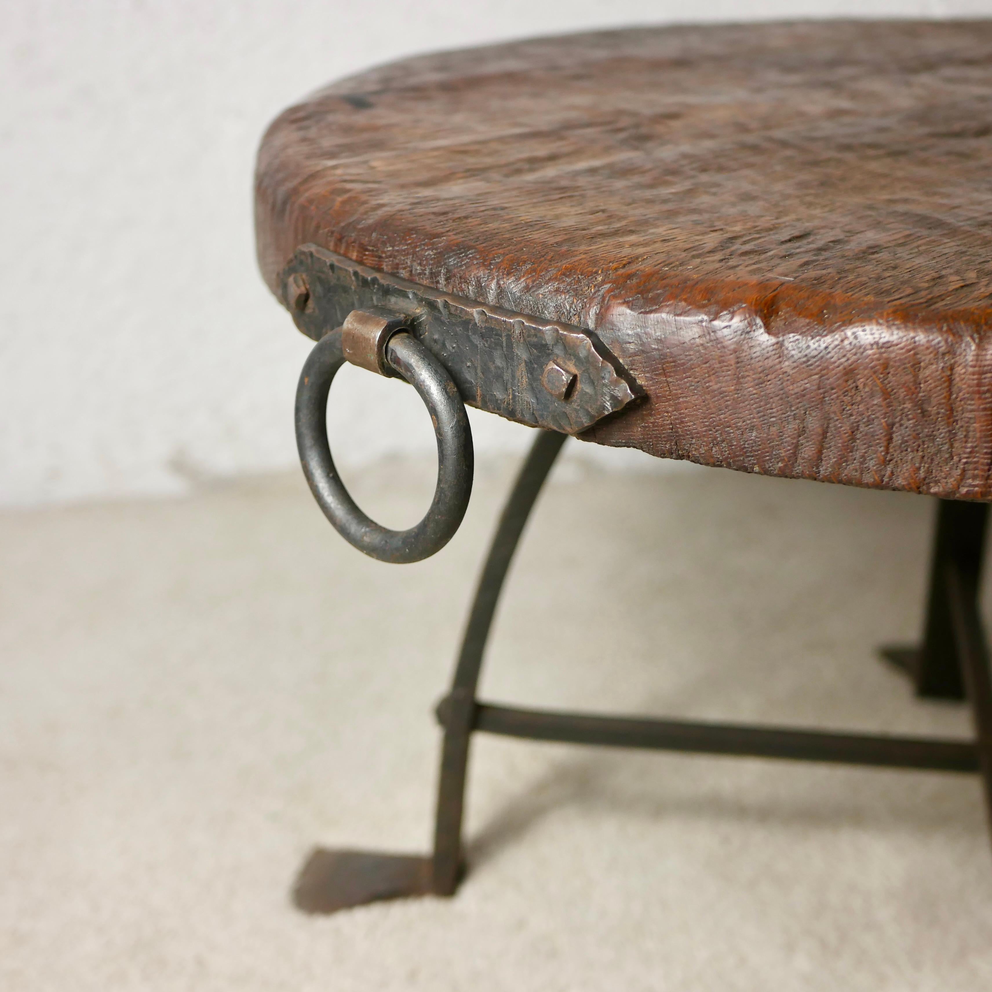 Brutalist round coffee table, wrought iron and solid oak, Belgium, 1950s For Sale 1