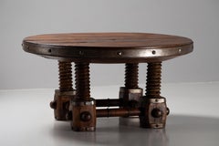 Brutalist Round Dining Table with Screw-Press Base and Iron Band, France, 1940s