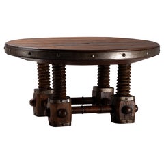 Brutalist Round Dining Table with Screw-Press Base and Iron Band, France, 1940s