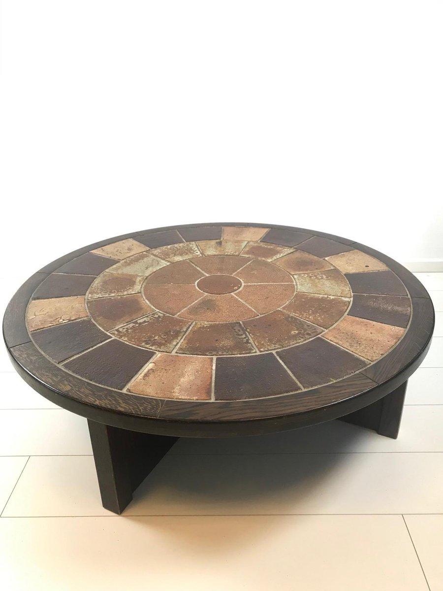 Brutalist Round Rosewood and Tiled Coffee Table by Tue Poulsen for Haslev Møbels 4