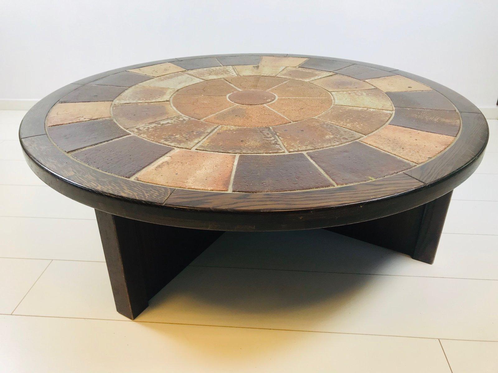 Brutalist Round Rosewood and Tiled Coffee Table by Tue Poulsen for Haslev Møbels 5