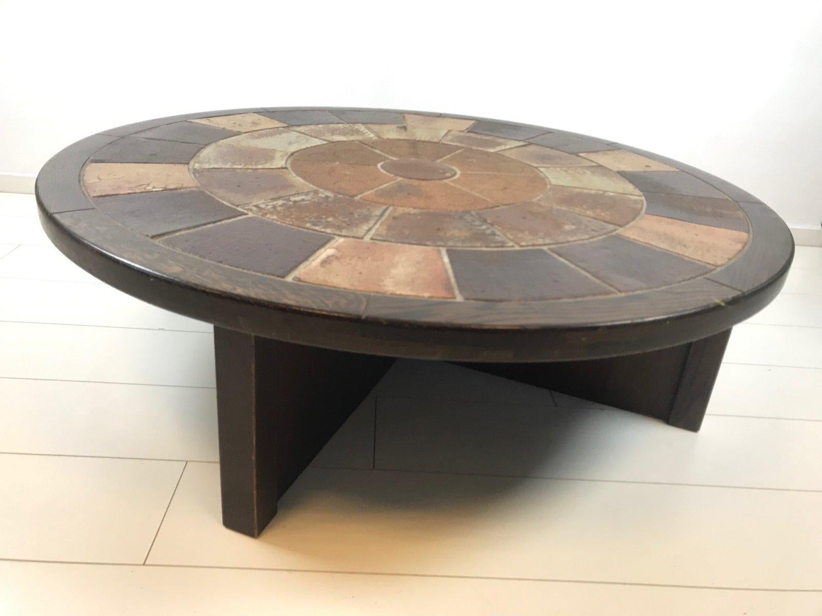 Mid-Century Modern Brutalist Round Rosewood and Tiled Coffee Table by Tue Poulsen for Haslev Møbels