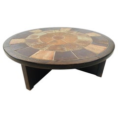 Retro Brutalist Round Rosewood and Tiled Coffee Table by Tue Poulsen for Haslev Møbels