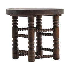 Brutalist round sidetable, Breton craftmanship made from solid oak, ca. 1960s