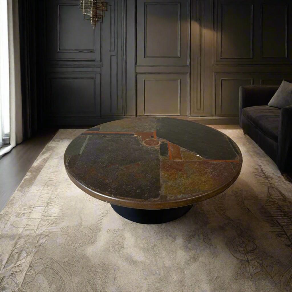 Hand-Carved Brutalist Round Slate Stone Coffee Table Sculptor Paul Kingma Netherlands 1978 For Sale