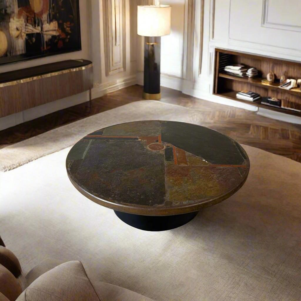 Dutch Brutalist Round Slate Stone Coffee Table Sculptor Paul Kingma Netherlands 1978 For Sale