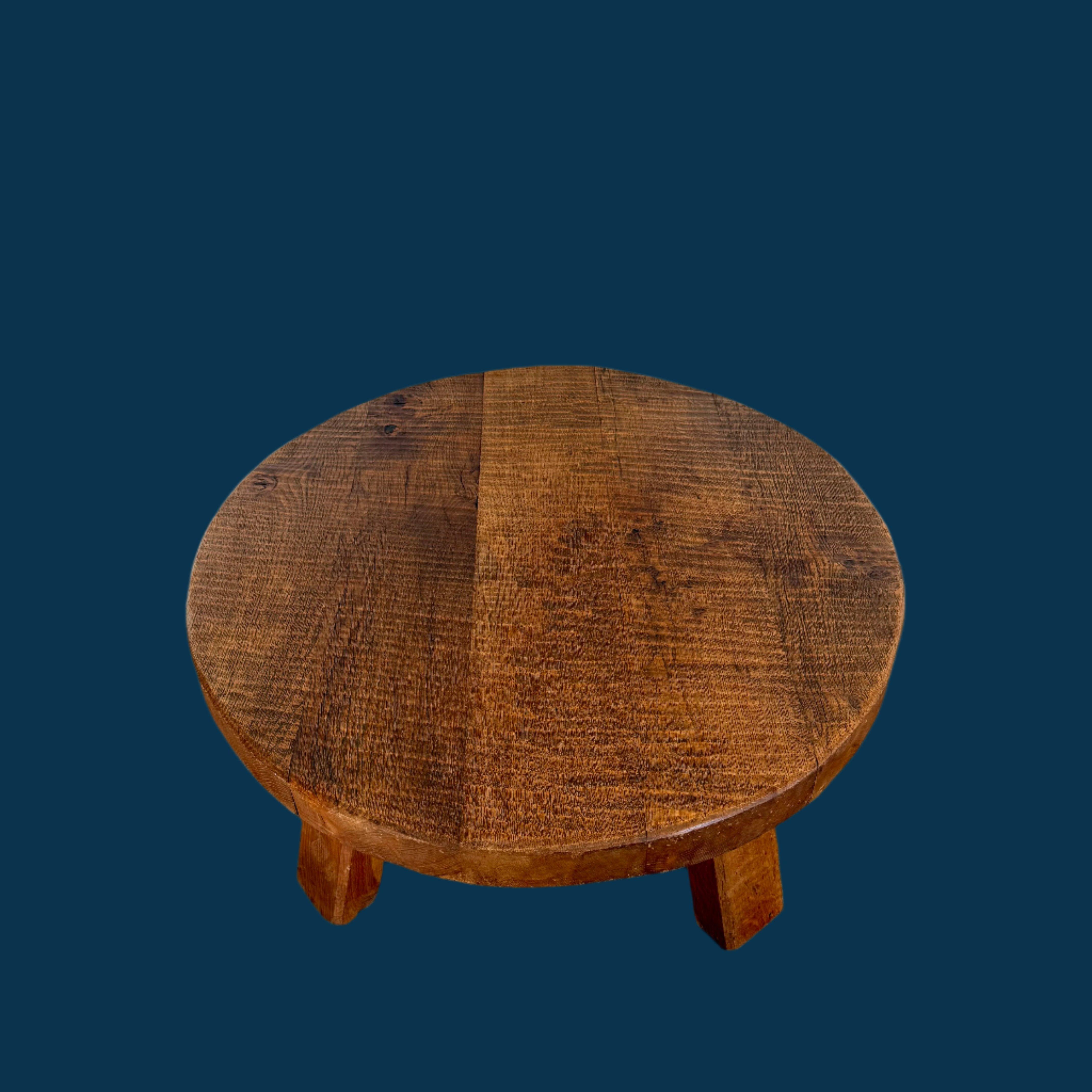 Brutalist Round Solid Oak Coffee Table France in style of Pierre Chapo For Sale 4