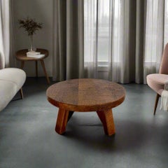 Brutalist Round Solid Oak Coffee Table France in style of Pierre Chapo