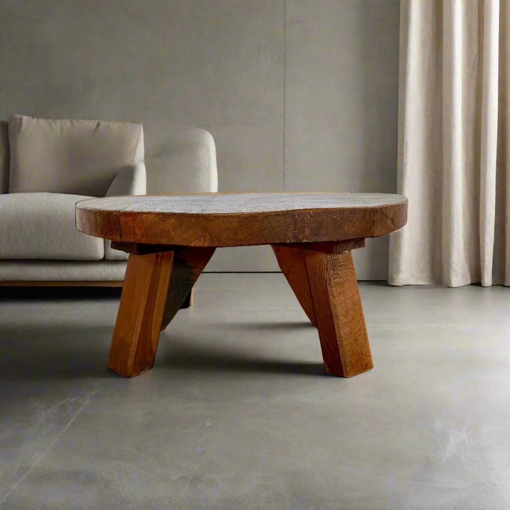 French Brutalist Round Solid Oak Coffee Table France in style of Pierre Chapo For Sale