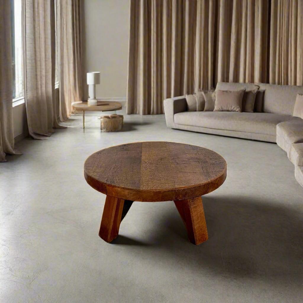 Hand-Carved Brutalist Round Solid Oak Coffee Table France in style of Pierre Chapo For Sale