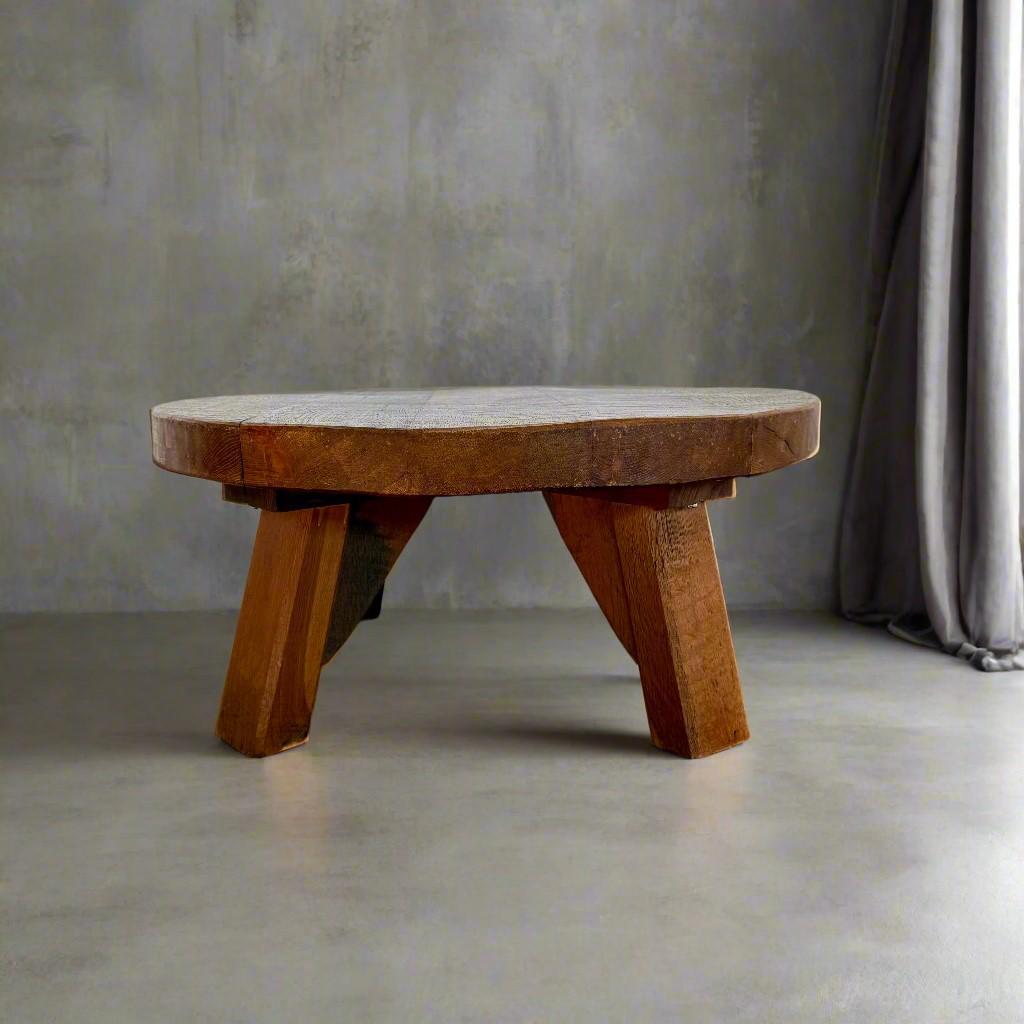 Late 20th Century Brutalist Round Solid Oak Coffee Table France in style of Pierre Chapo For Sale