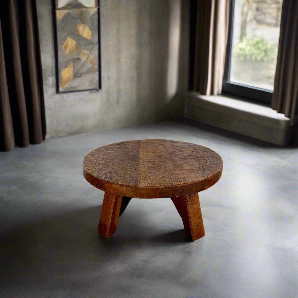 Brutalist Round Solid Oak Coffee Table France in style of Pierre Chapo For Sale 1