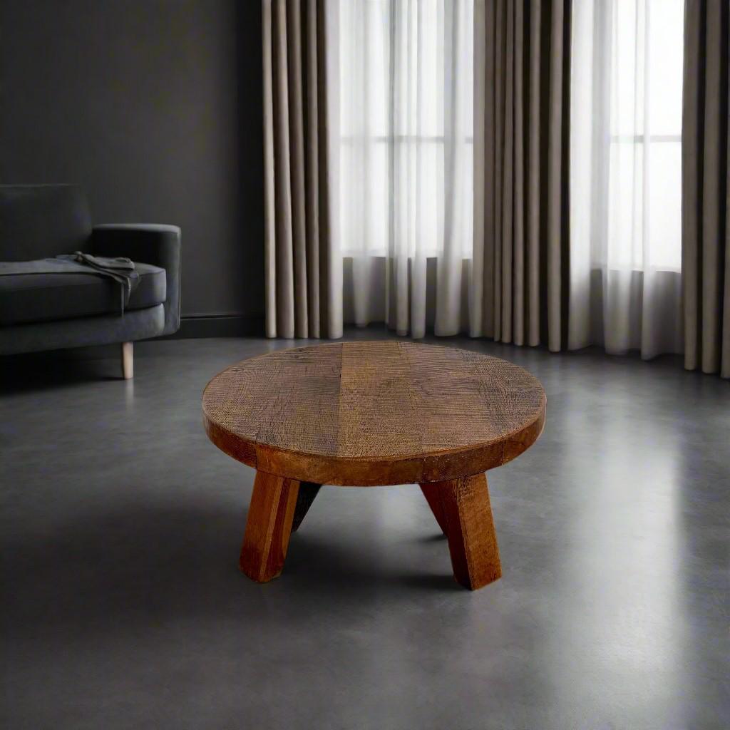 Brutalist Round Solid Oak Coffee Table France in style of Pierre Chapo For Sale 2