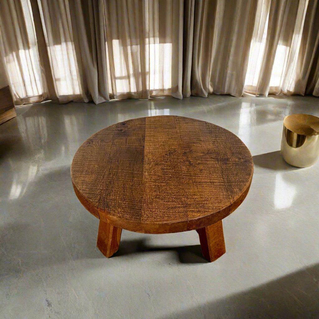 Brutalist Round Solid Oak Coffee Table France in style of Pierre Chapo For Sale 3