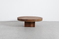 Brutalist Round Solid Oak Coffee Table with Square Pedestal Base