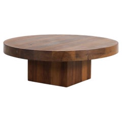 Brutalist Round Solid Oak Coffee Table with Square Pedestal Base