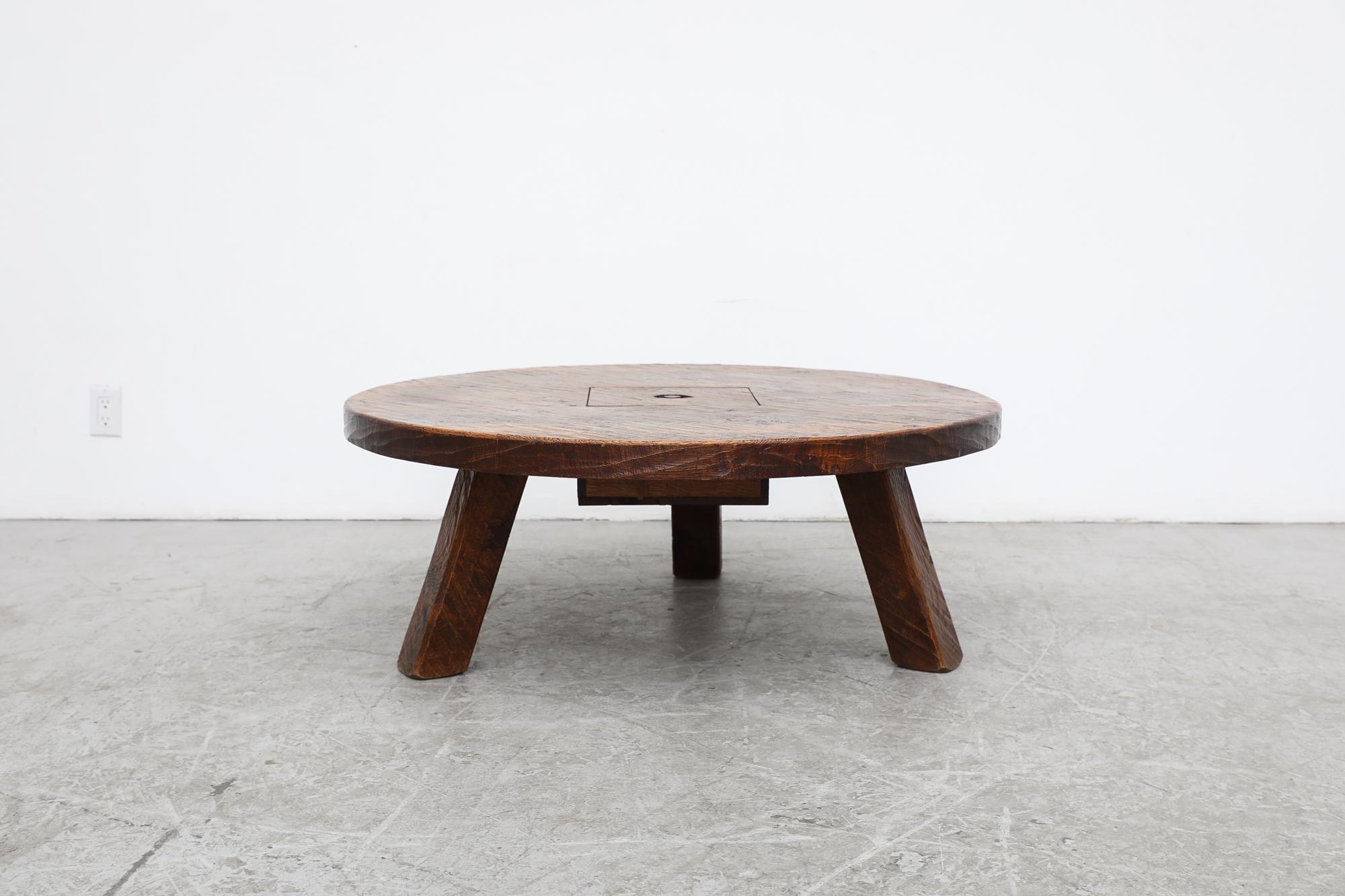 Brutalist Round Solid Oak Coffee Table with Stash Box at 1stDibs