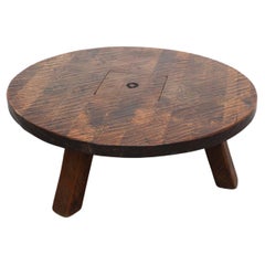 Vintage Brutalist Round Solid Oak Coffee Table with Stash Box