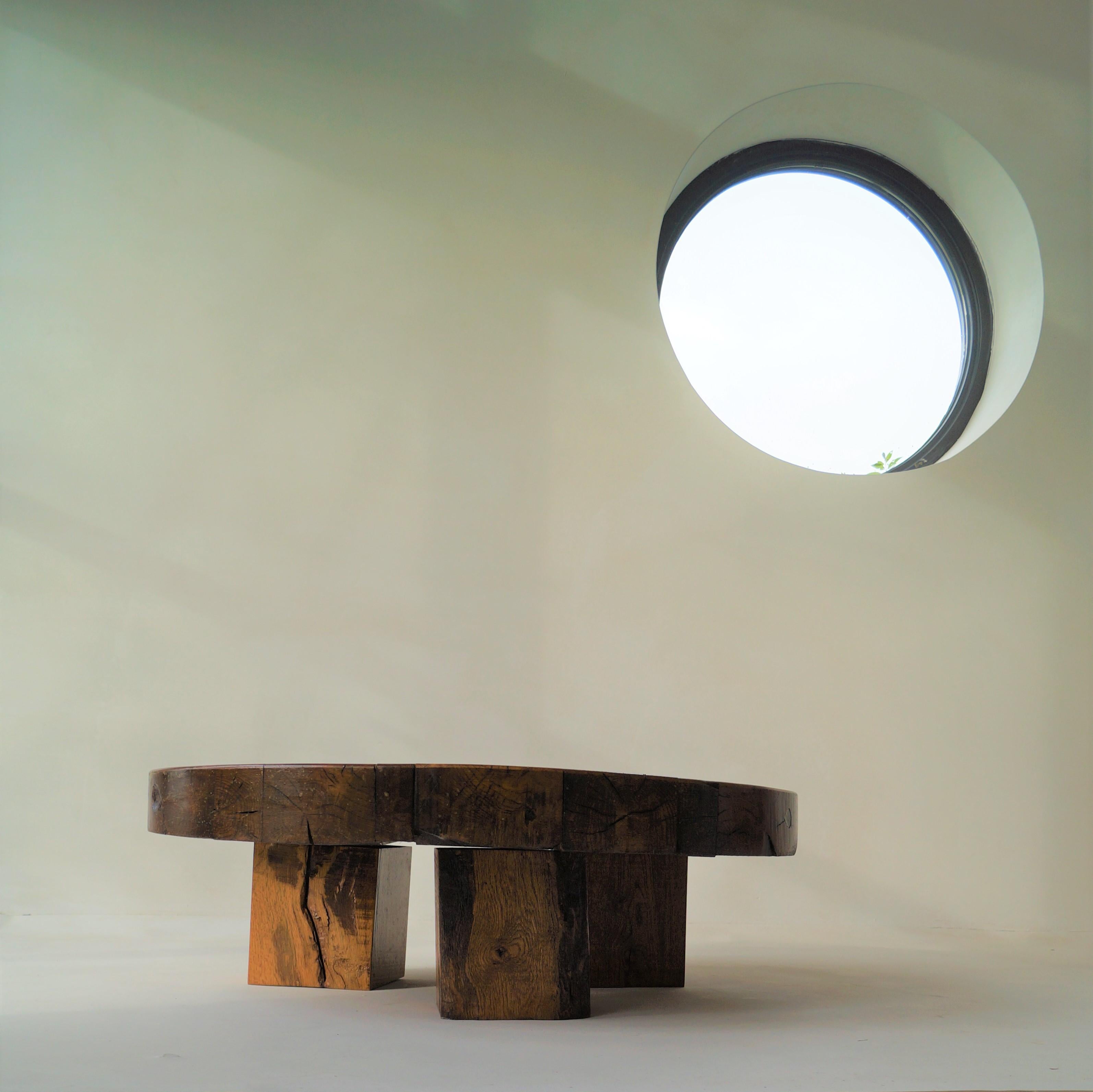Brutalist Round Wooden Coffee Table, Netherlands, 1970s 4