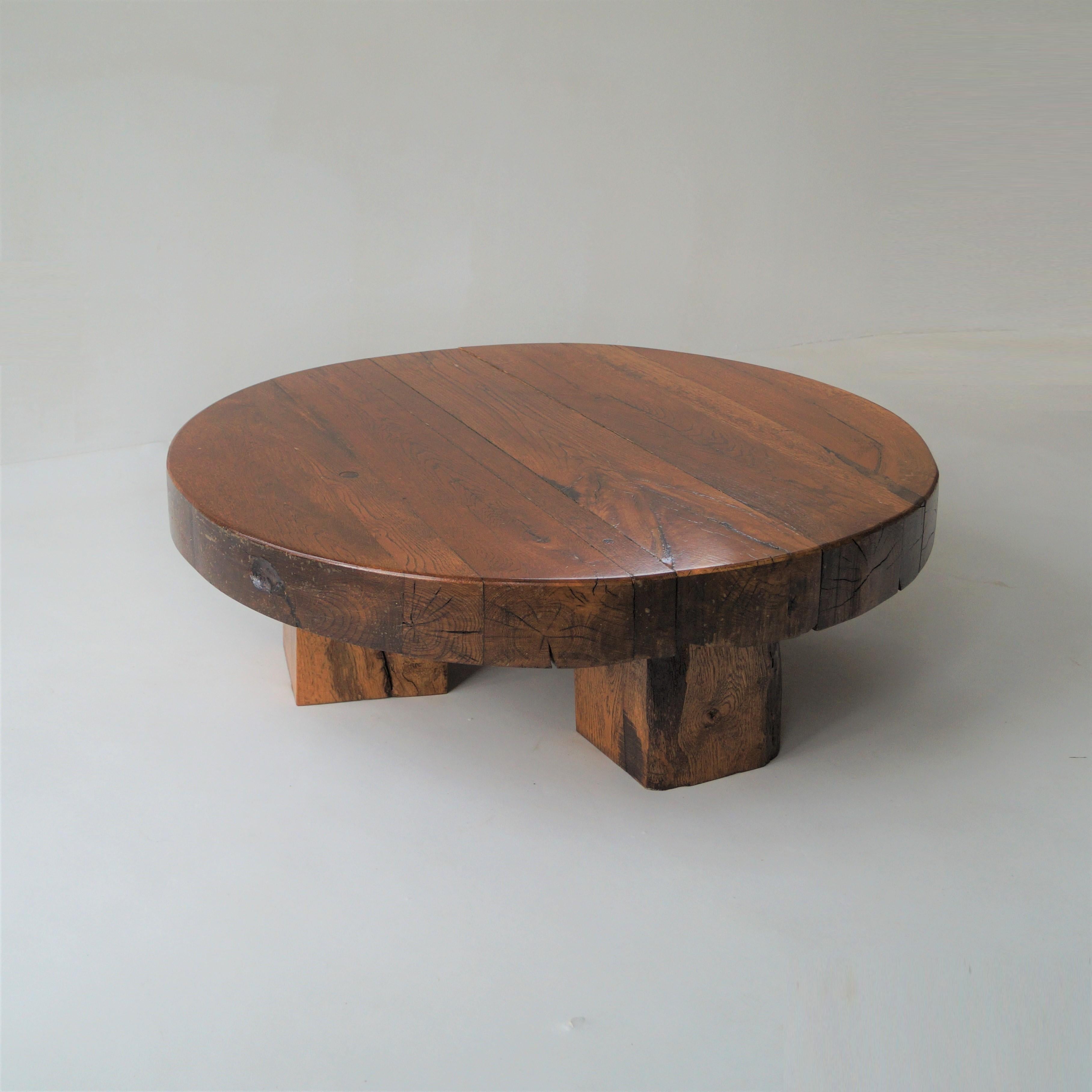 Brutalist Round Wooden Coffee Table, Netherlands, 1970s 7