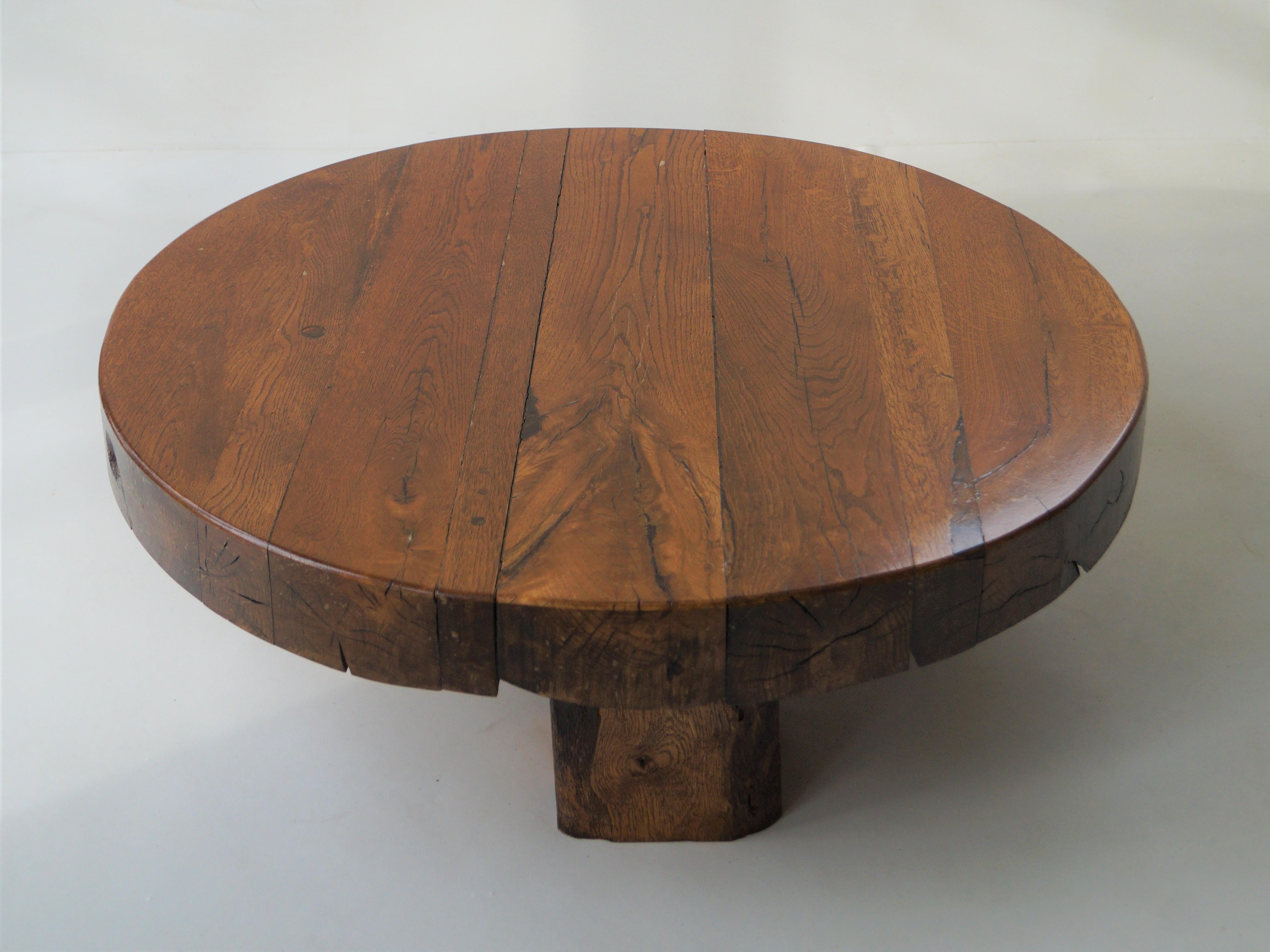 Brutalist Round Wooden Coffee Table, Netherlands, 1970s 9