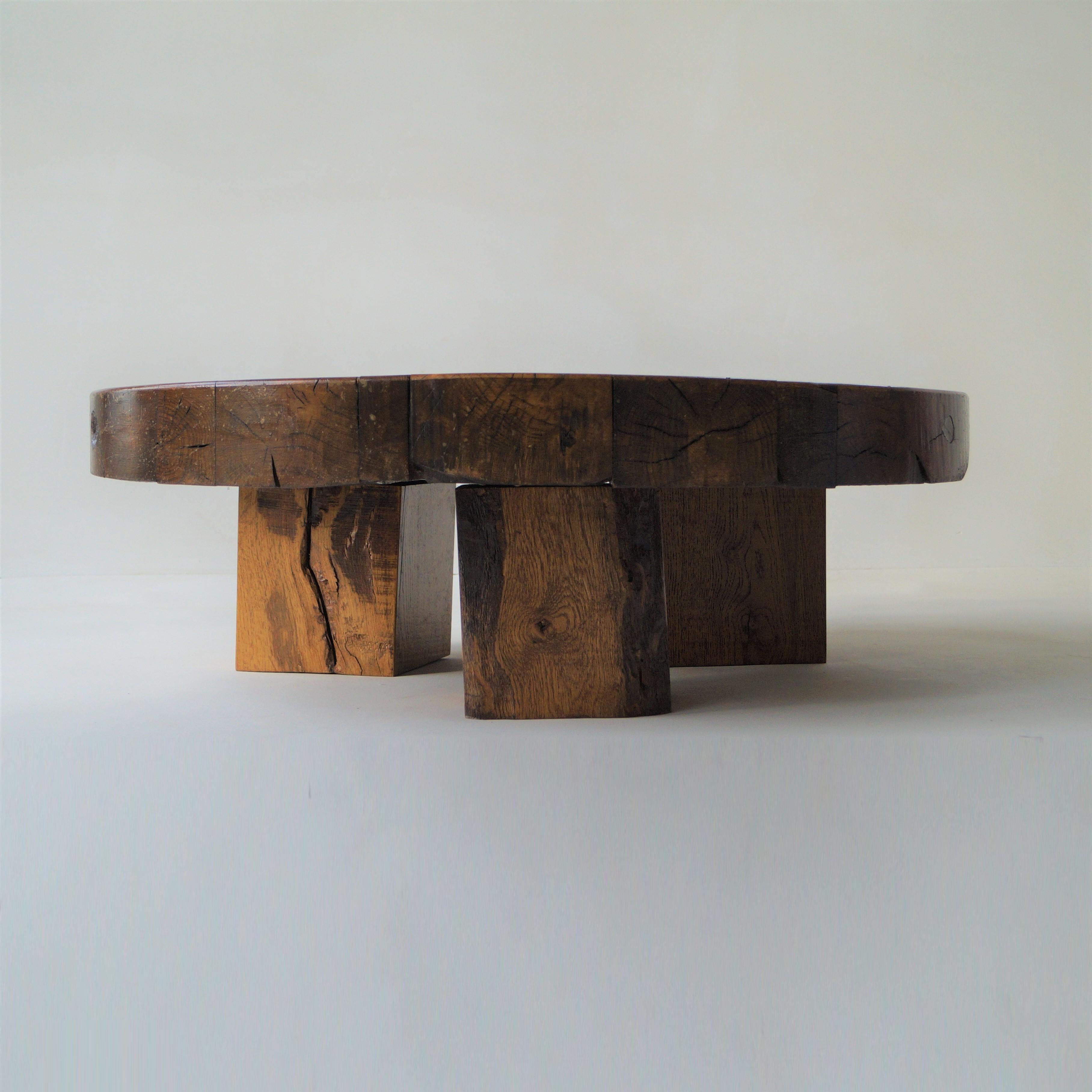 Varnished Brutalist Round Wooden Coffee Table, Netherlands, 1970s