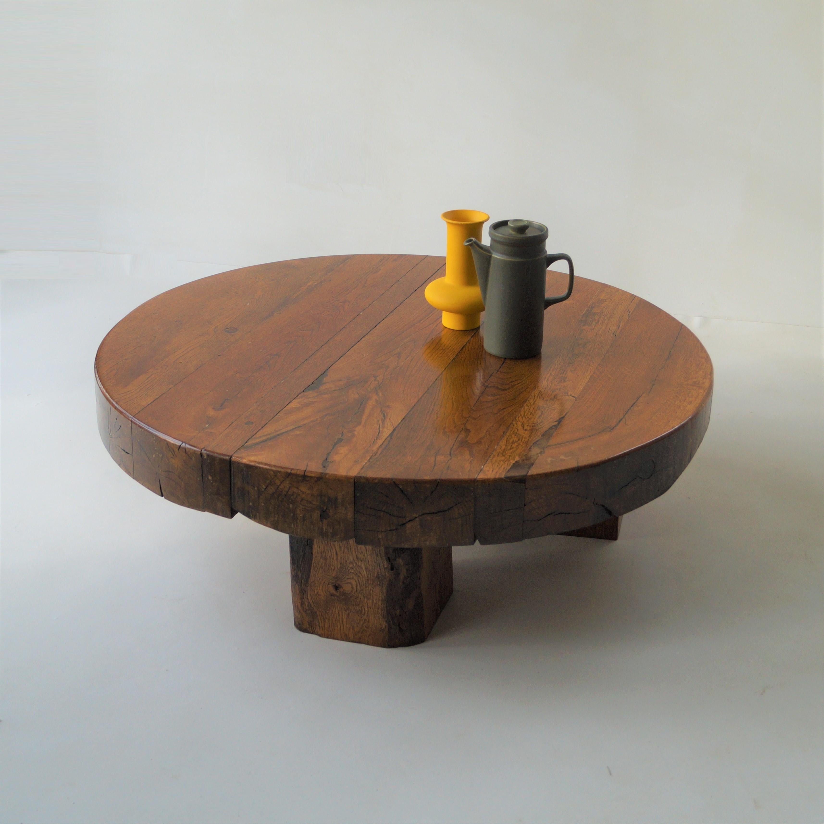 Brutalist Round Wooden Coffee Table, Netherlands, 1970s 1
