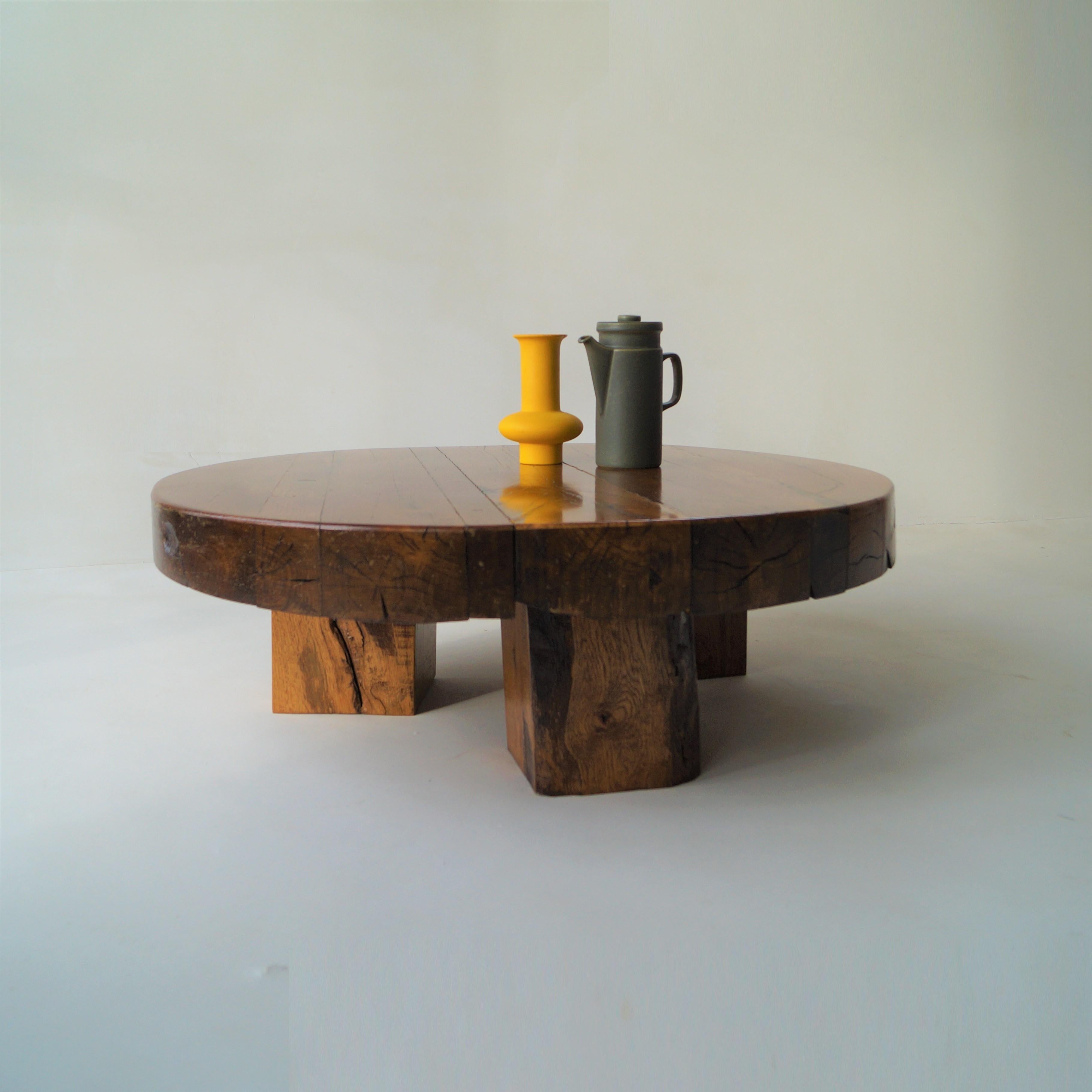 Brutalist Round Wooden Coffee Table, Netherlands, 1970s 2