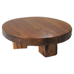 Brutalist Round Wooden Coffee Table, Netherlands, 1970s