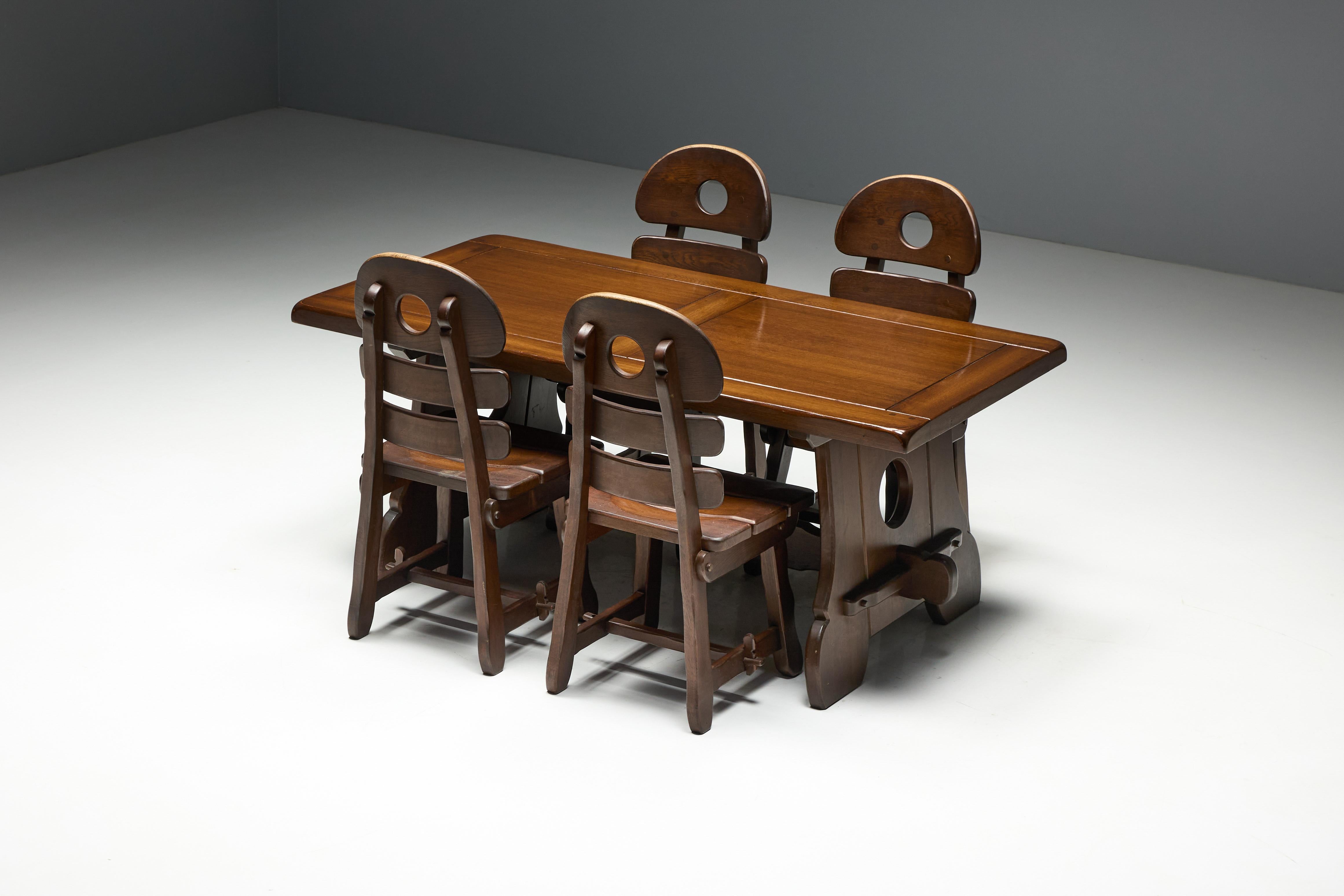 Sedie da pranzo rustiche brutaliste alpine in Oak macchiato, Spagna, anni '70 in vendita 8