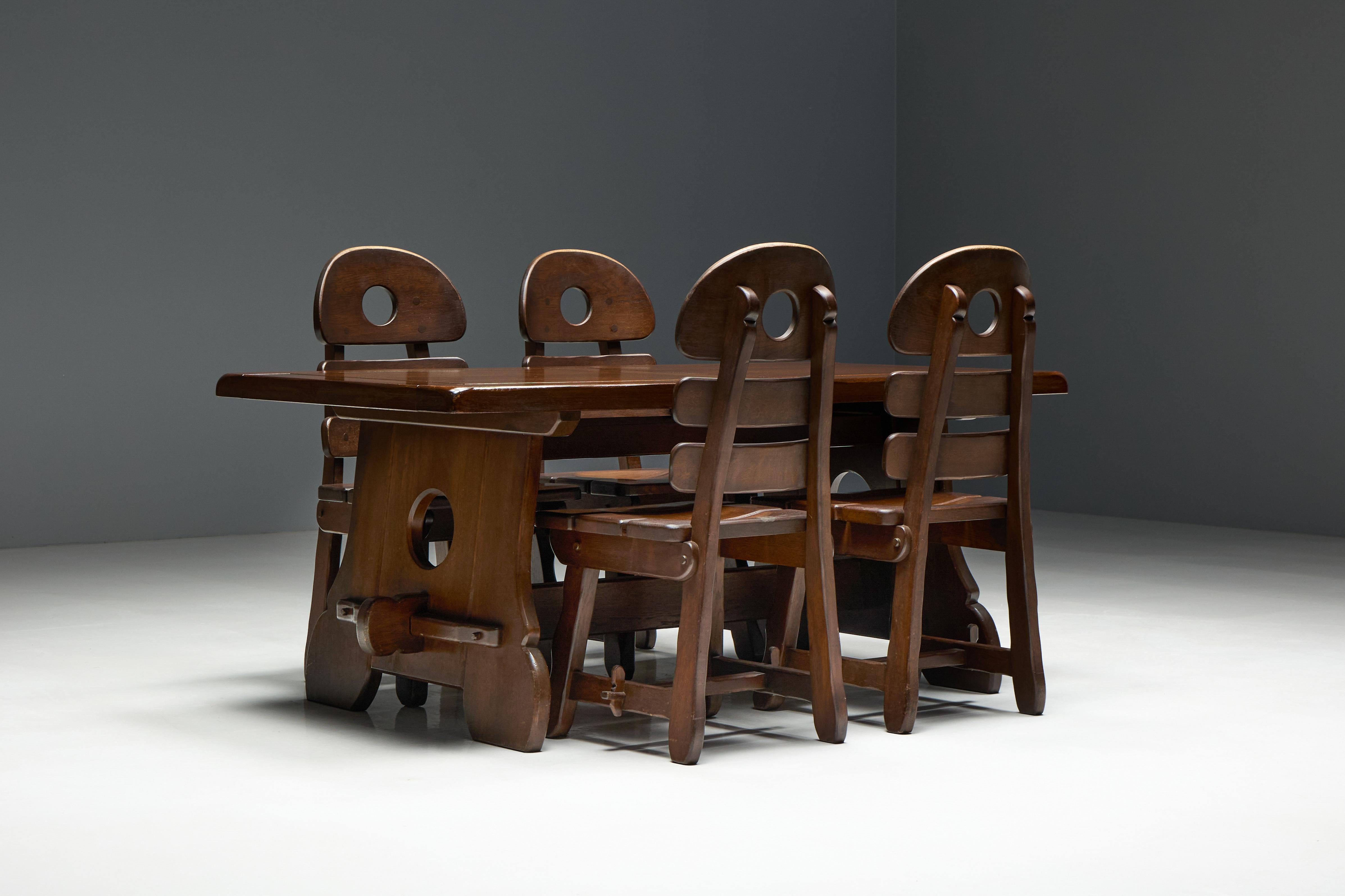 Sedie da pranzo rustiche brutaliste alpine in Oak macchiato, Spagna, anni '70 in vendita 11