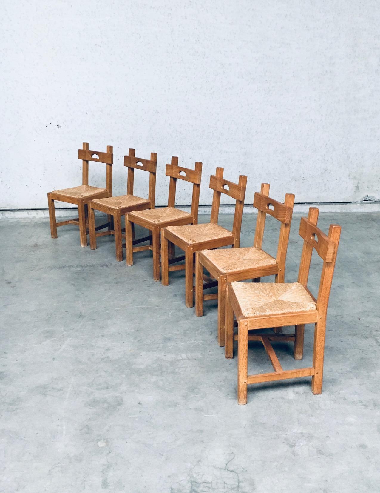 Belgian Brutalist Rustic Design Oak & Rush Dining Chair Set, Belgium, 1960s