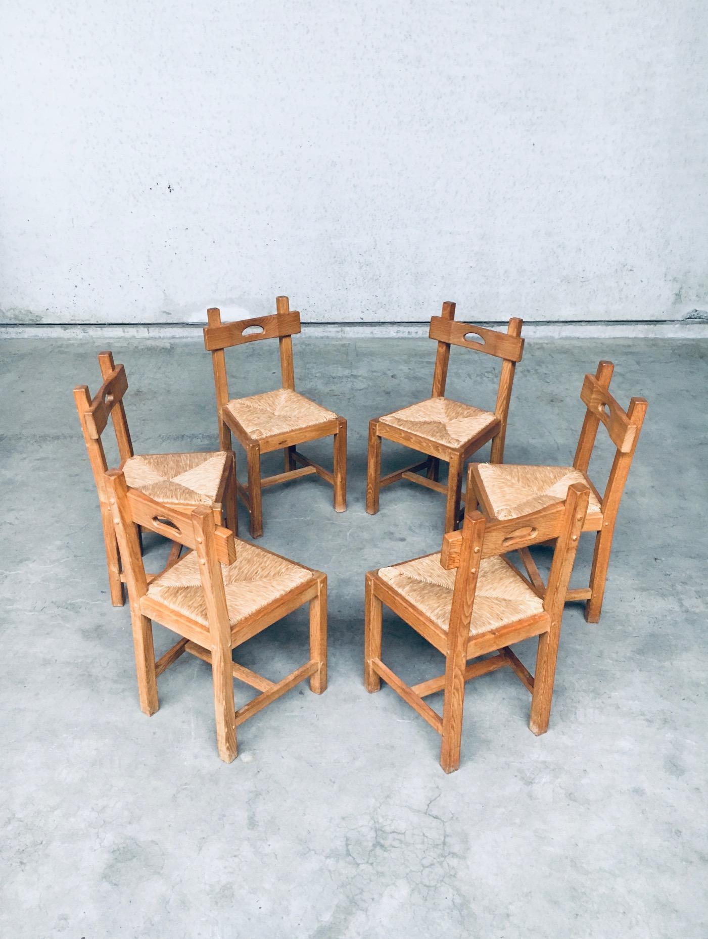 Mid-20th Century Brutalist Rustic Design Oak & Rush Dining Chair Set, Belgium, 1960s