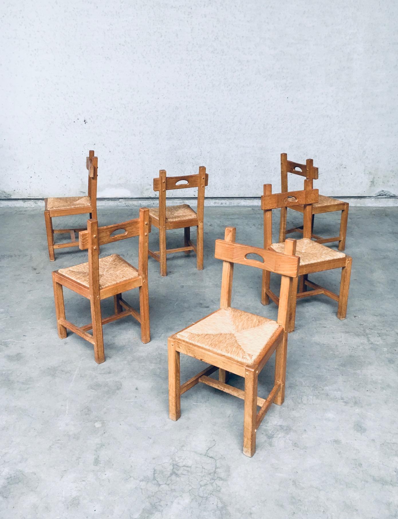 Brutalist Rustic Design Oak & Rush Dining Chair Set, Belgium, 1960s 1