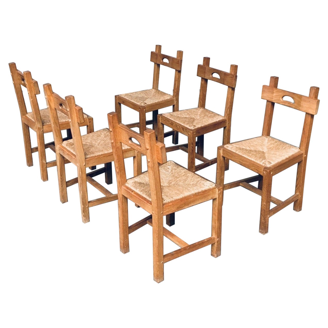 Brutalist Rustic Design Oak 
Rush Dining Chair Set, Belgium, 1960s