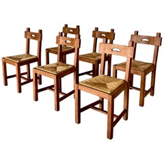 Brutalist Rustic Design Oak & Rush Dining Chair Set, Belgium 1960's