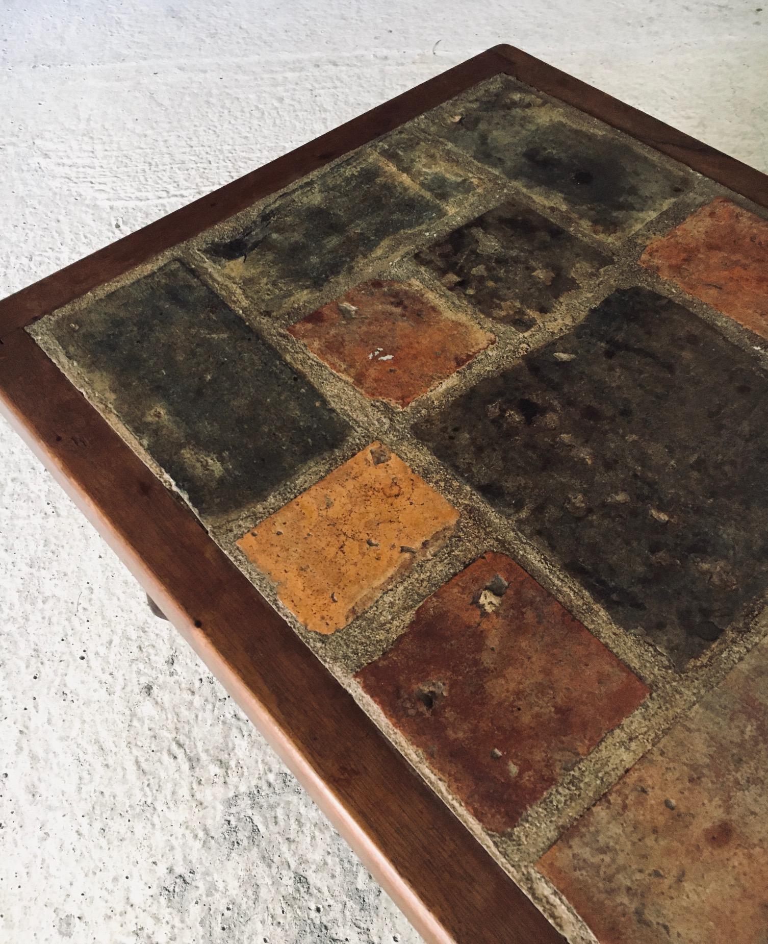 Brutalist Rustic Design Slate Tile & Oak Coffee Table, Belgium 1960's For Sale 4