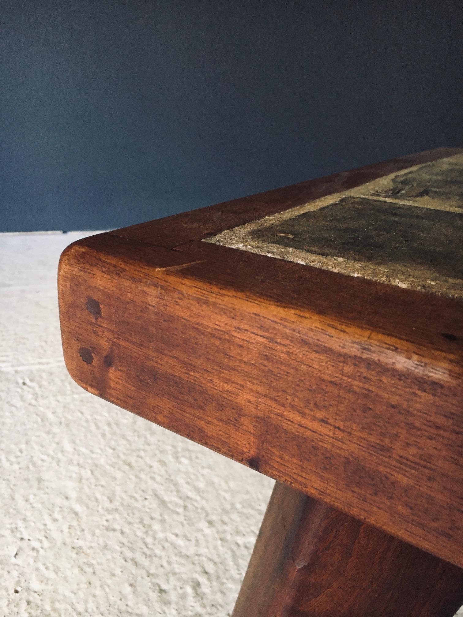 Brutalist Rustic Design Slate Tile & Oak Coffee Table, Belgium 1960's For Sale 6