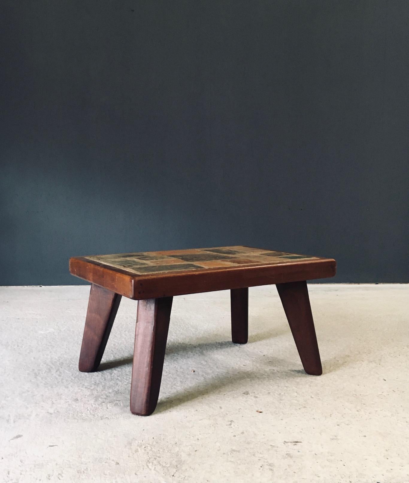 Belgian Brutalist Rustic Design Slate Tile & Oak Coffee Table, Belgium 1960's For Sale