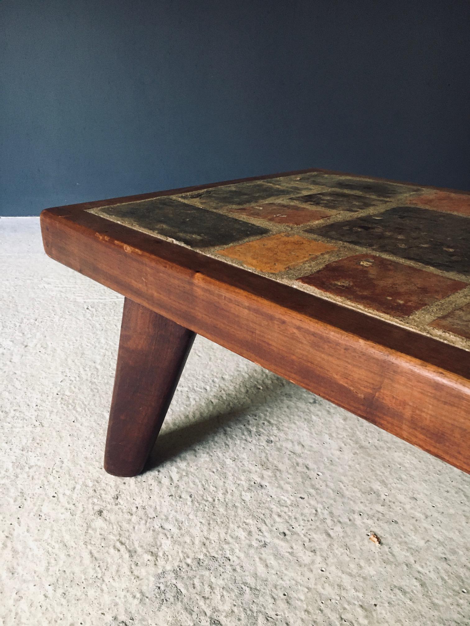 Brutalist Rustic Design Slate Tile & Oak Coffee Table, Belgium 1960's For Sale 2