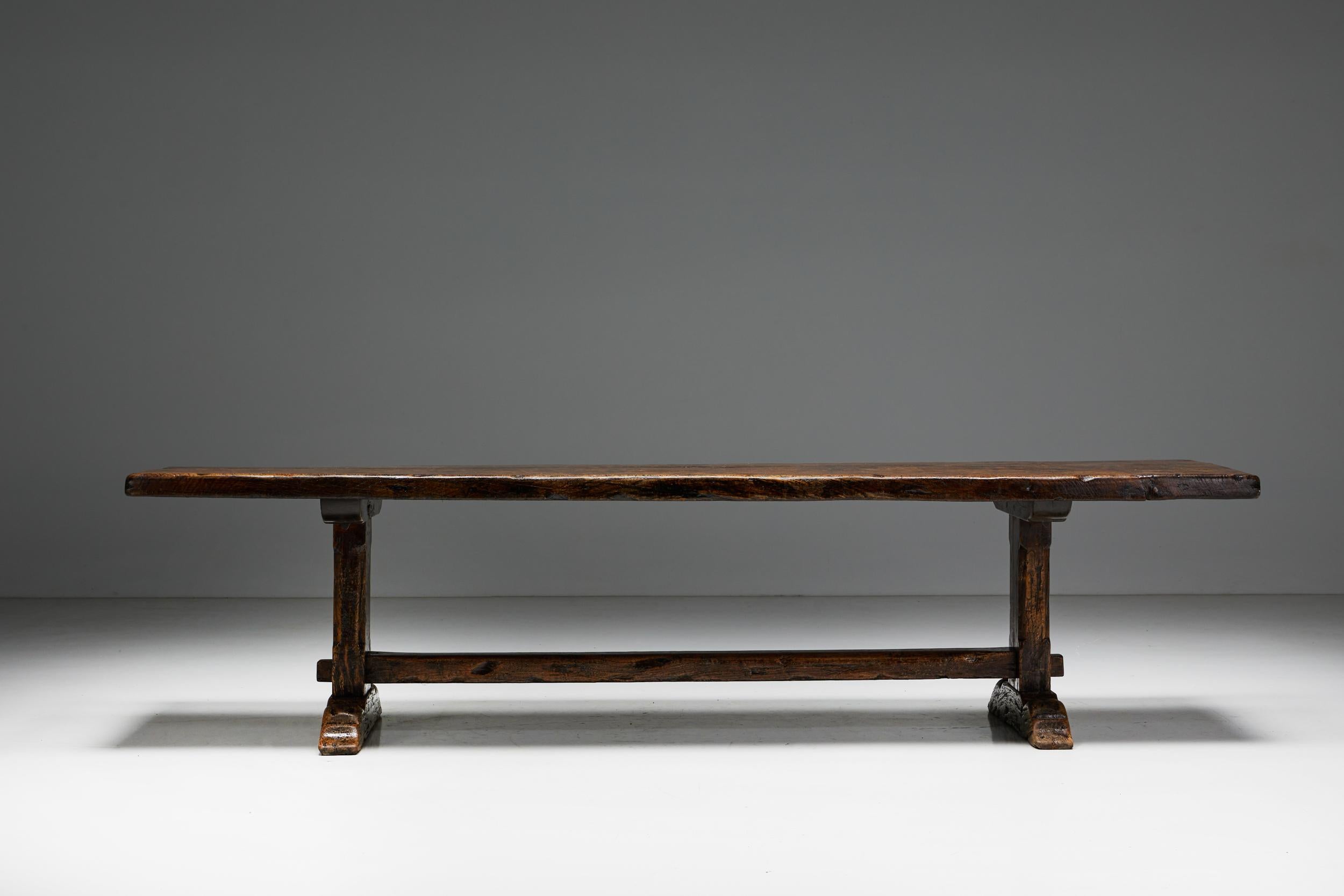 
Monoxylite; Dining Table; Travail Populaire; France; Wabi Sabi; 19th Century; Rustic; Art Populaire; Wooden Table; Console Table; 1900: Early 20th Century; 

Early 20th-century dining table, featuring a unique tabletop pattern of solid oak wood.