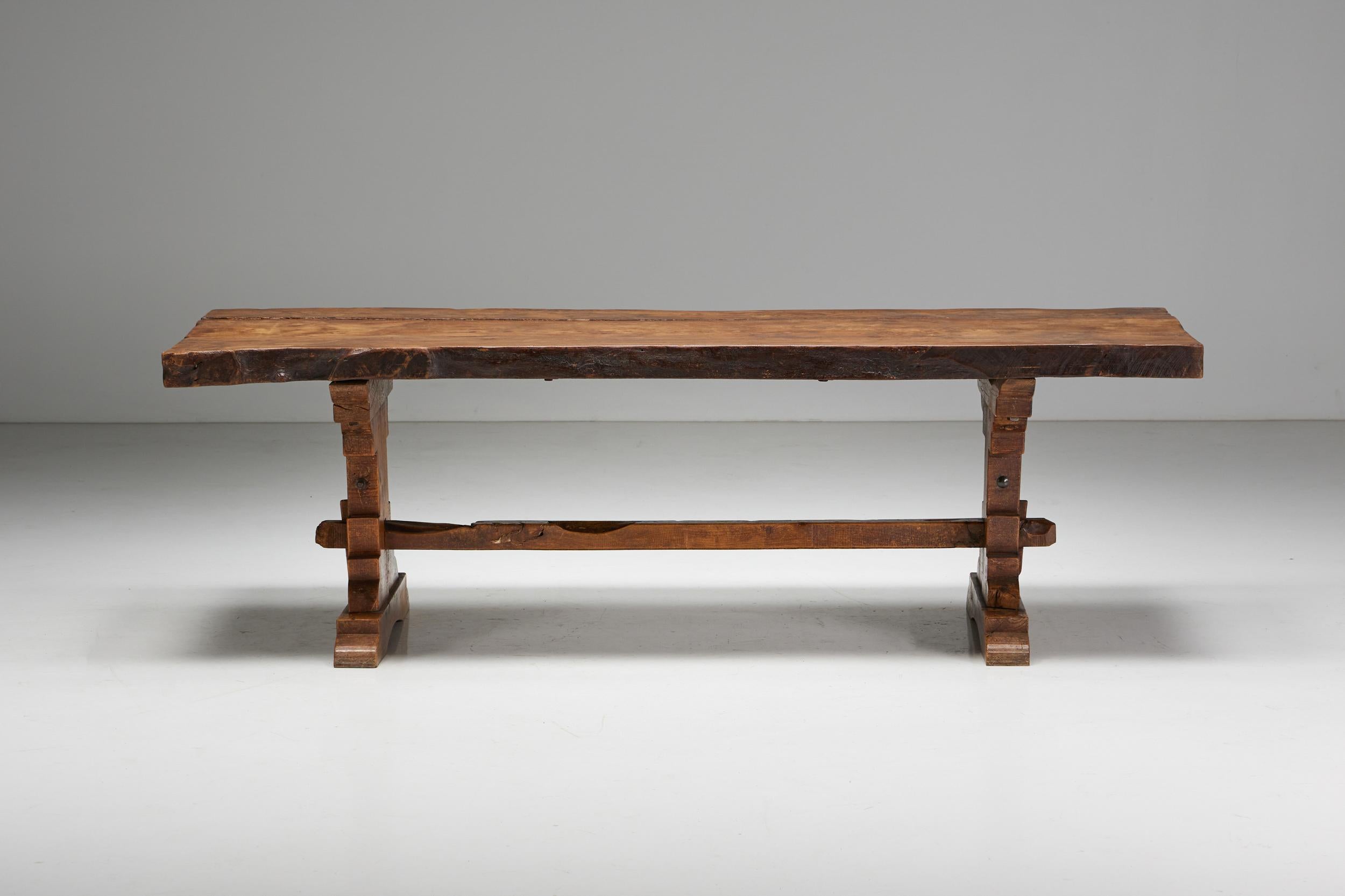 Woodwork Brutalist Rustic Dining Table, France, Early 20th Century For Sale